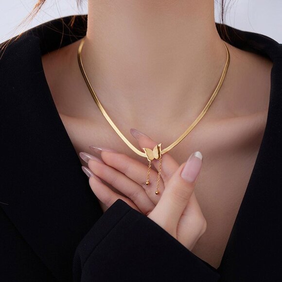 Elegant 14K Gold Butterfly Necklace with Tassels - Stackable Herringbone Design - Picture 3 of 5